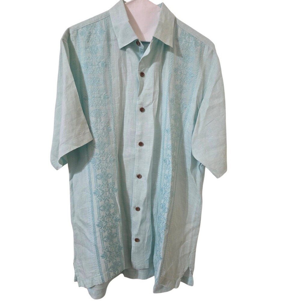 TOMMY BAHAMA 100% Linen Shirt Light Blue Short Sleeve Men's M Embroidered E4.2